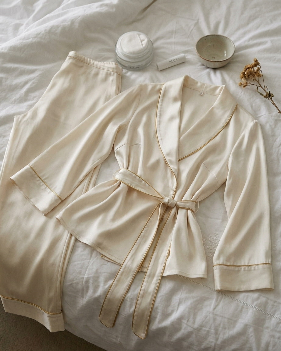 Darette The Long Weekend Silk Set in Ivory - front view on a soft studio backdrop