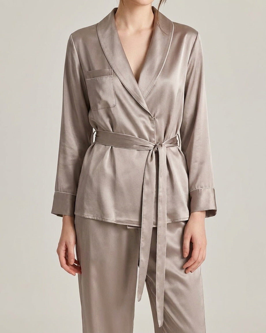 Darette The Long Weekend Silk Set in Mist - front view on a soft studio backdrop