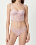 Darette After Hours Bustier Set in Blush - front view standing in the lace bustier and panty set