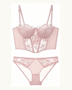 Darette After Hours Bustier Set in Blush - flat lay of the bustier and panty set showing lace and mesh paneling