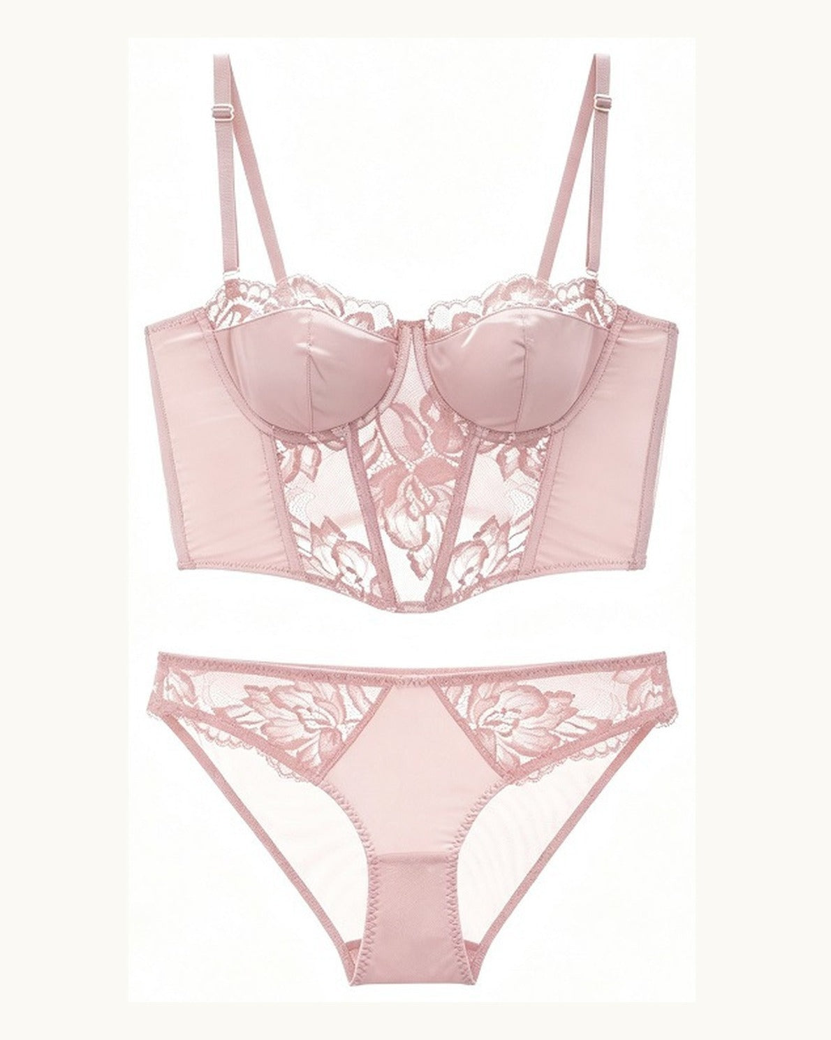 Darette After Hours Bustier Set in Blush - flat lay of the bustier and panty set showing lace and mesh paneling