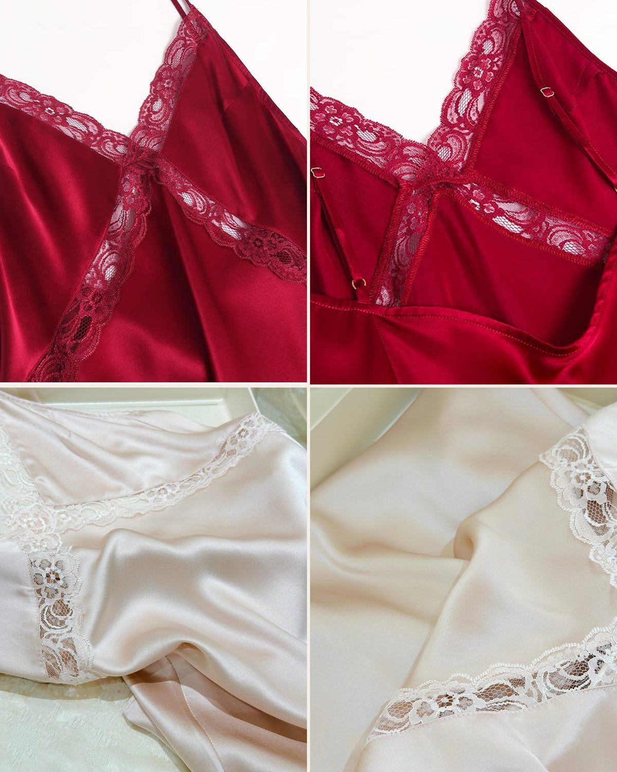Darette Backhanded Silk Slip - detail collage of the lace trim across the three colourways