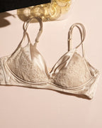Darette Bare Minimum Silk Set in Champagne - flat lay of the silk and lace bra against a floral backdrop
