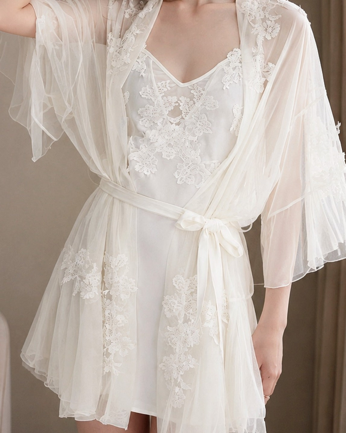 Darette Champagne Problems Satin Slip - front view standing in the satin slip with a sheer lace robe tied at the waist