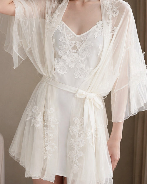 Darette Champagne Problems Satin Slip - front view standing in the satin slip with a sheer lace robe tied at the waist
