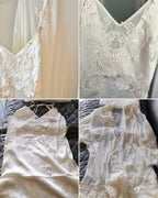 Darette Champagne Problems Satin Slip - close-up collage of the lace appliqué on the bodice and sleeve