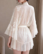 Darette Champagne Problems Satin Slip - back view standing in the sheer lace robe