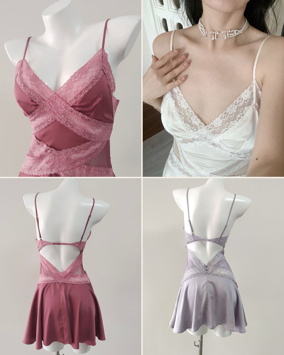 Darette Cool It Slip colour collage - close-up crisscross lace bodice and open-back views in Plum, Crème and Mauve