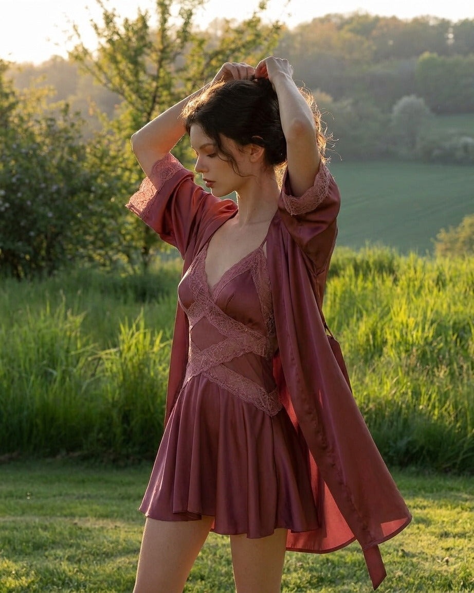 Darette Cool It Slip in Mauve worn outdoors with the robe, crisscross lace waist in natural light