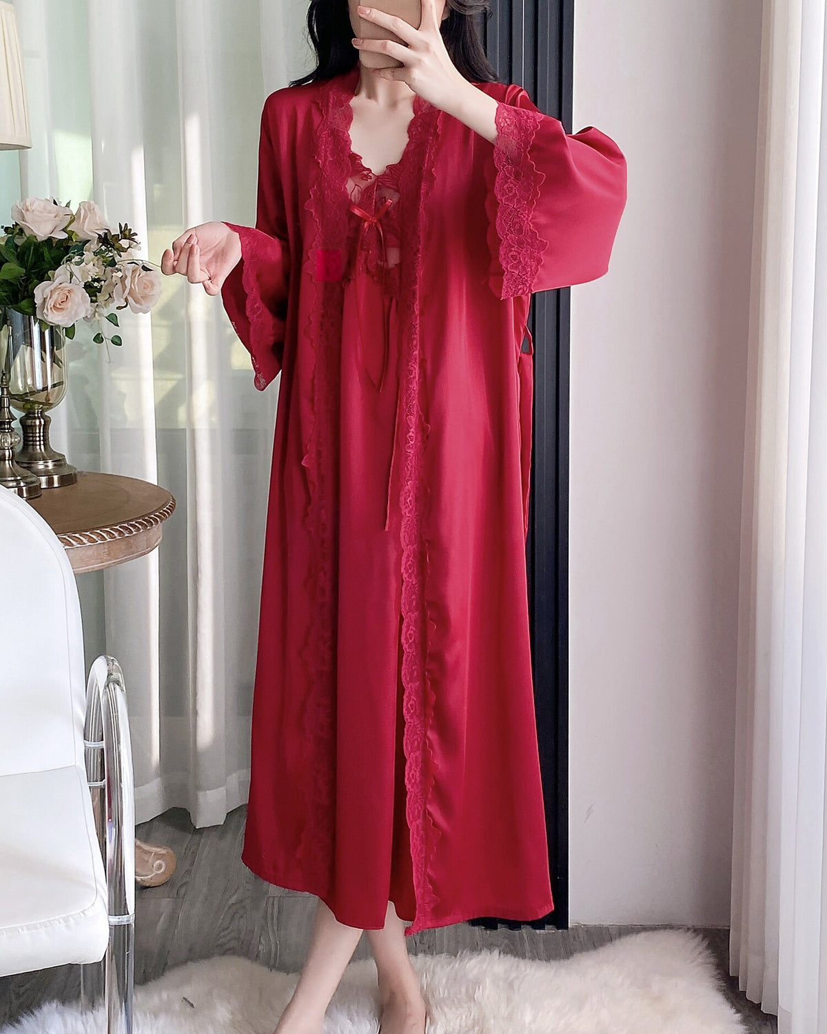 Darette Court of One Set in Bordeaux - lace-trimmed satin robe and gown, front view