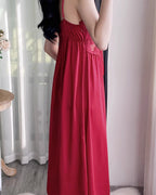 Darette Court of One Set in Bordeaux - satin slip gown, side view without the robe