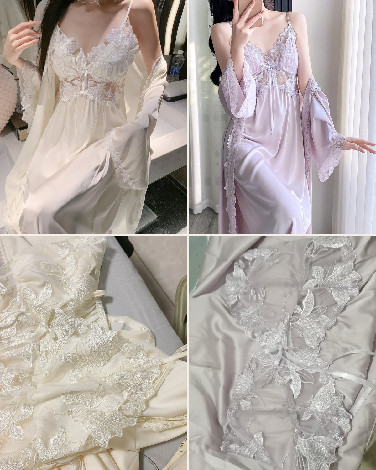 Flat lay details of the Darette Court of One Set - lace bodice texture and full-length silhouette in Ivory and Lavender
