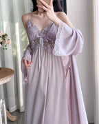 Close-up of the Darette Court of One Set in Lavender - lace bodice and flared sleeve detail
