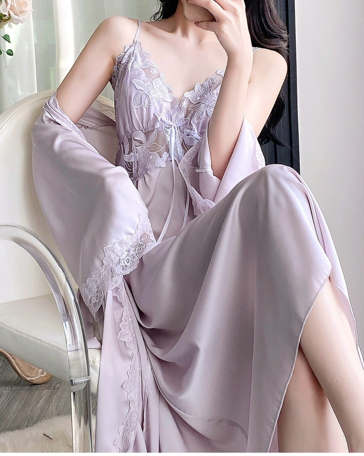 Darette Court of One Set in Lavender - satin gown with a thigh-high slit and matching robe, seated pose
