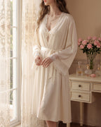 Darette Cover Story Set in Ivory - lace-trimmed robe worn open, styled beside a sunlit vanity with fresh roses