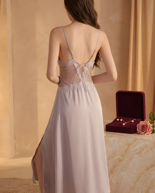 Back view of the Darette Cover Story Set in Mauve - satin slip dress with sheer lace back, beside a jewelry box