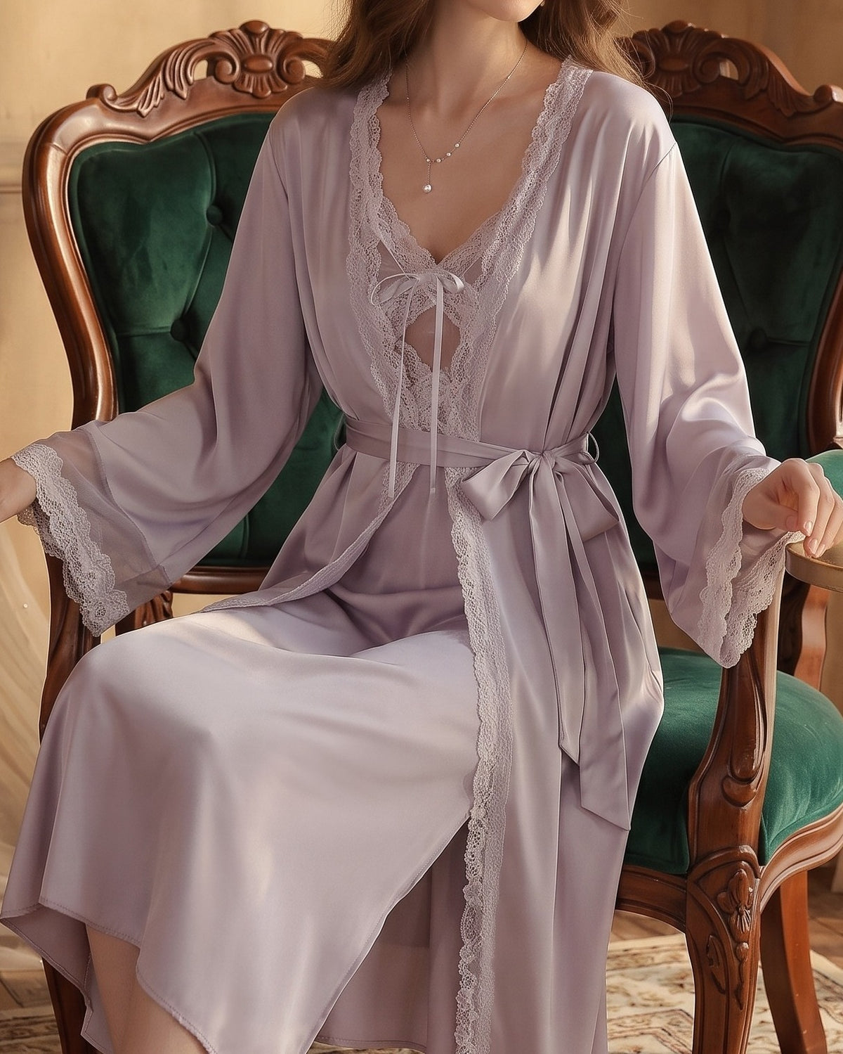 Darette Cover Story Set in Mauve - lace-trimmed robe and gown, seated in a green velvet armchair