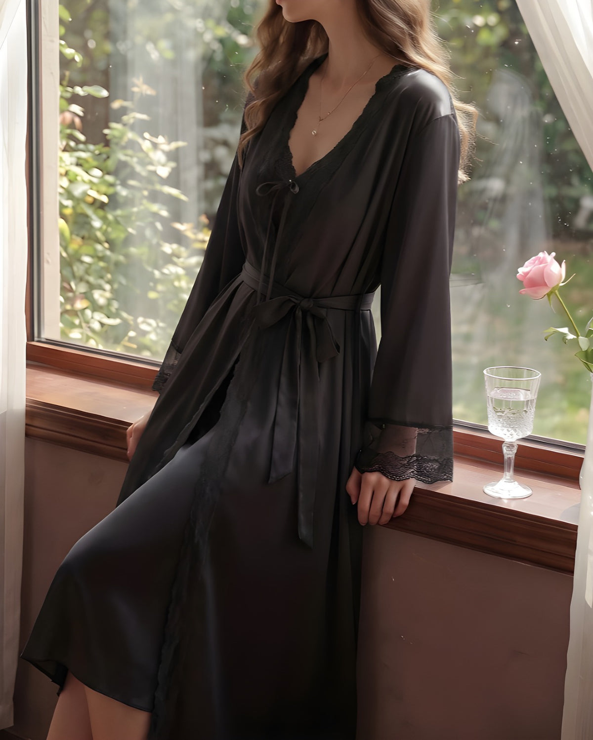 Darette Cover Story Set in Noir - lace-trimmed robe worn open over the slip gown beside a window