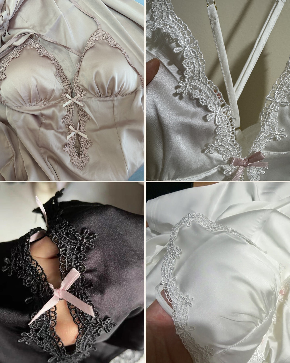 Darette Crossed Wires Slip - close-up collage of the bow, lace straps and open-back detailing
