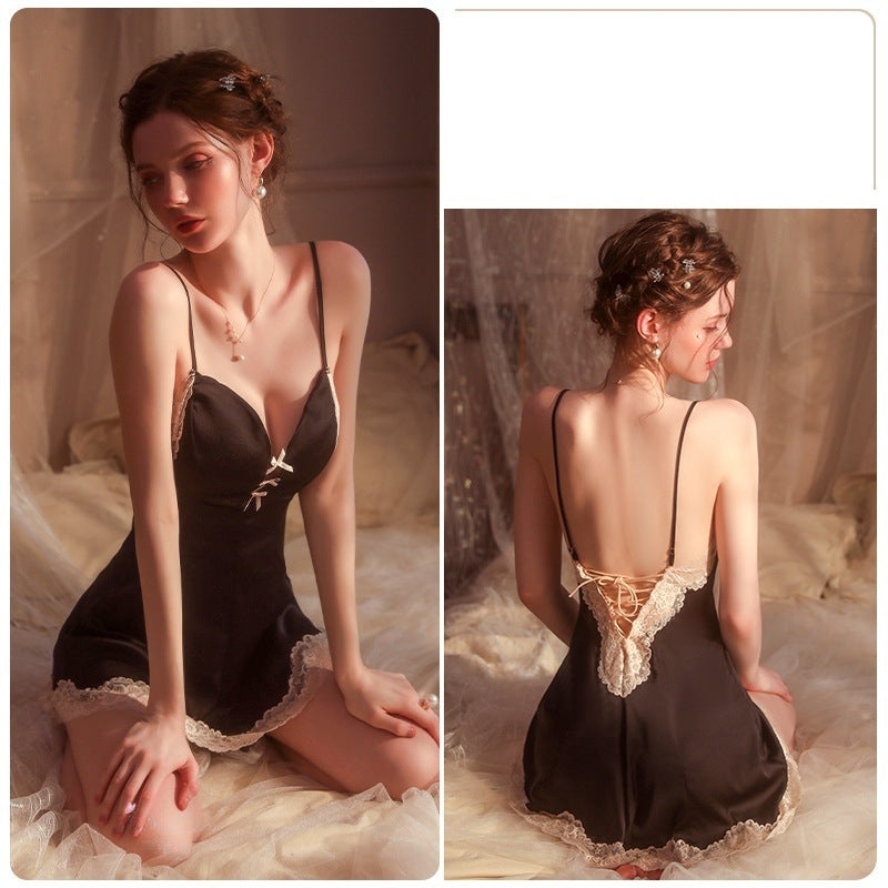 Darette Crossed Wires Slip - black with light beige lace trim, front and back views