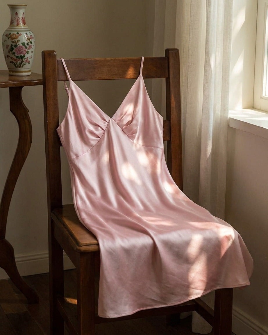 Darette Curtain Call Silk Slip in Blush - satin slip dress draped over a wooden chair