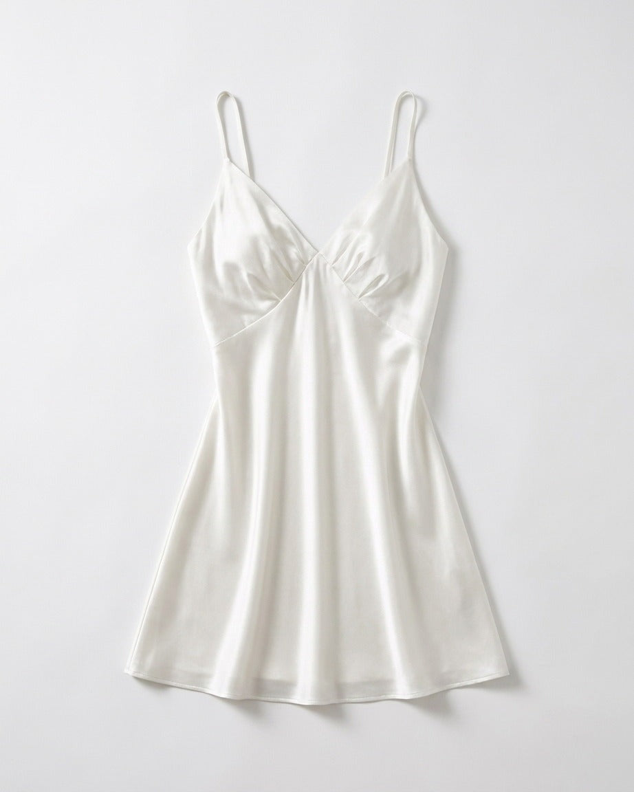 Darette Curtain Call Silk Slip in Ivory - satin slip dress on a mannequin, front detail