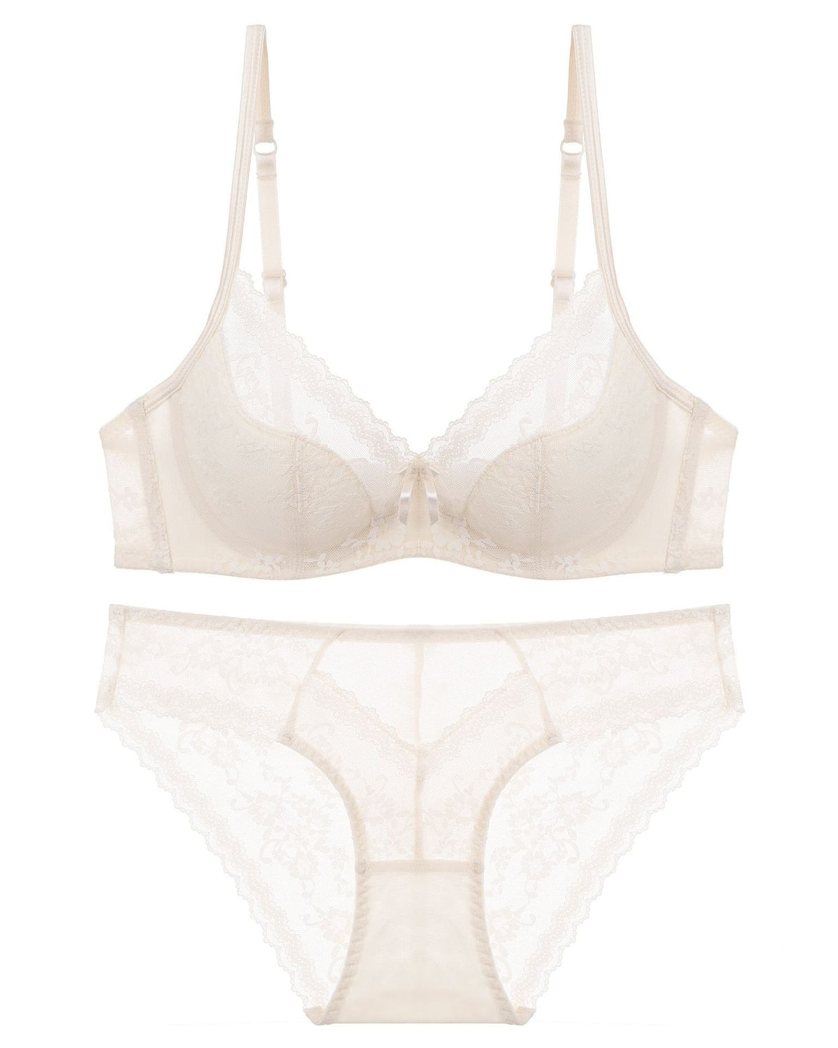 Darette Deep End Plunge Set in Champagne - flat lay of the plunge bra and panty set on a mannequin form