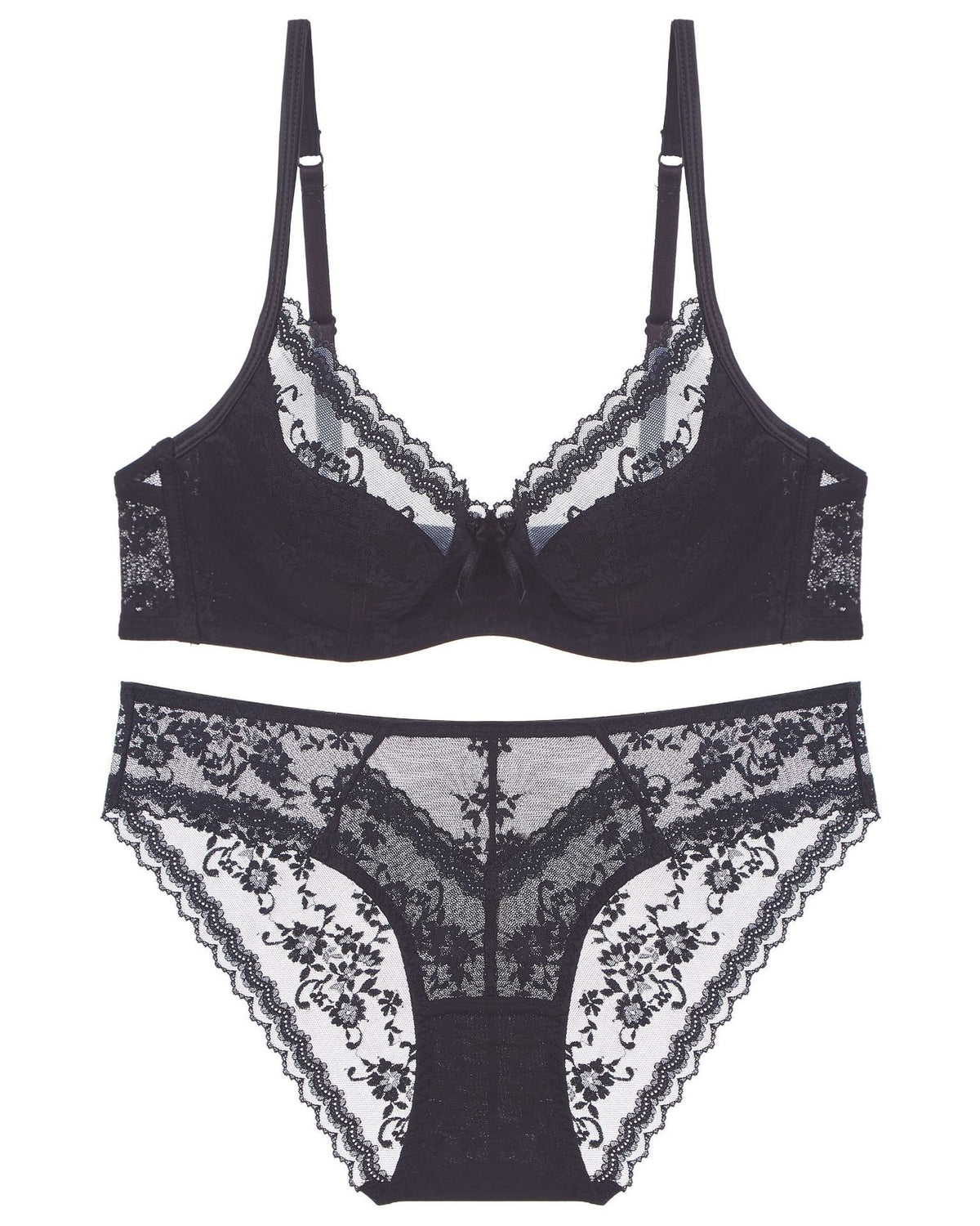 Darette Deep End Plunge Set in Noir - flat lay of the plunge bra and panty set on a mannequin form
