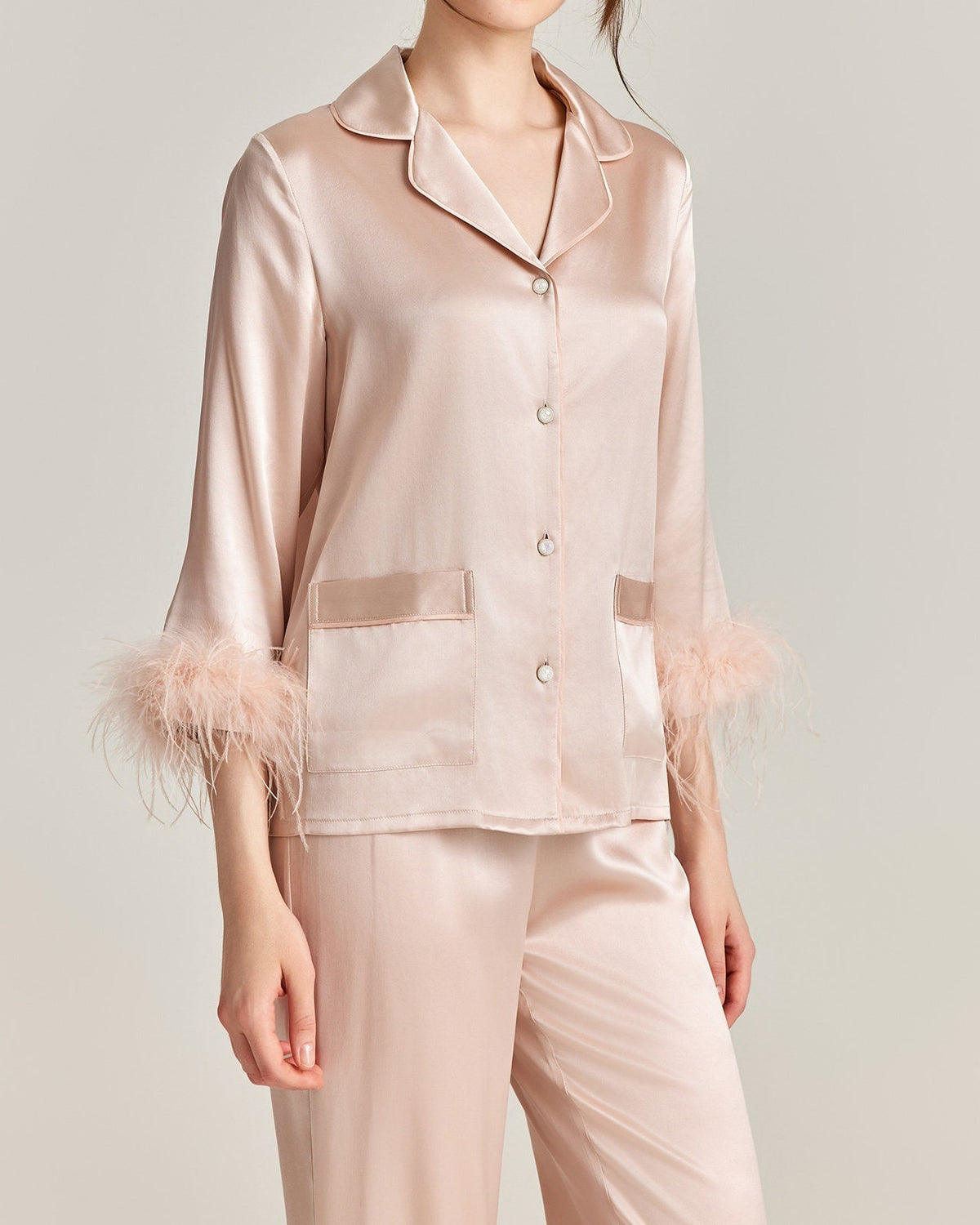 Darette Feather Weight Silk Set in Blush - satin pajama set with feather cuffs, standing front view