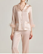 Darette Feather Weight Silk Set in Blush - satin pajama set with feather cuffs, full-length front view