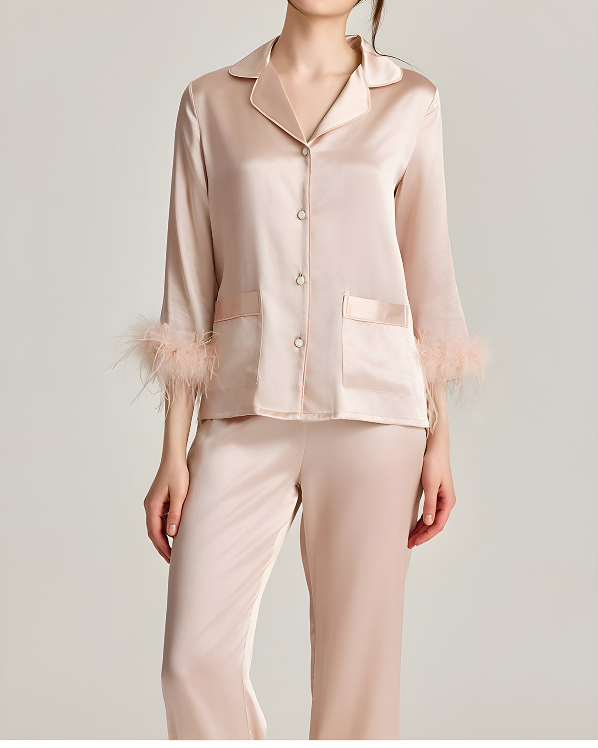Darette Feather Weight Silk Set in Blush - satin pajama set with feather cuffs, full-length front view