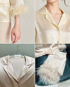 Darette Feather Weight Silk Set - collage of the feather cuff, collar, and hanging jacket details