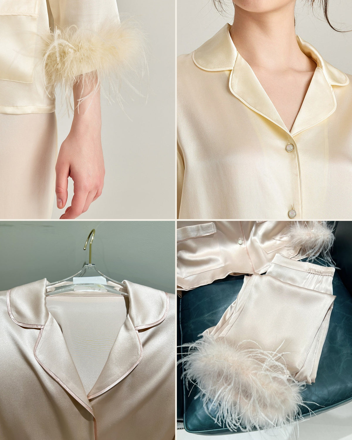Darette Feather Weight Silk Set - collage of the feather cuff, collar, and hanging jacket details