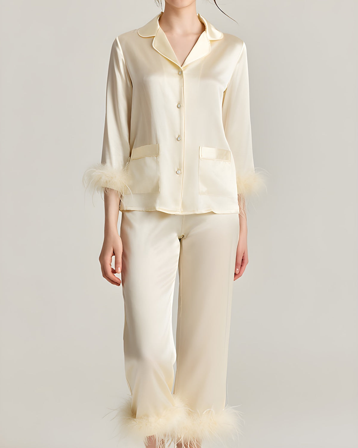 Darette Feather Weight Silk Set in Ivory - satin pajama set with feather cuffs, full-length front view