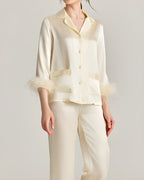 Darette Feather Weight Silk Set in Ivory - satin pajama set with feather cuffs, three-quarter sleeve view