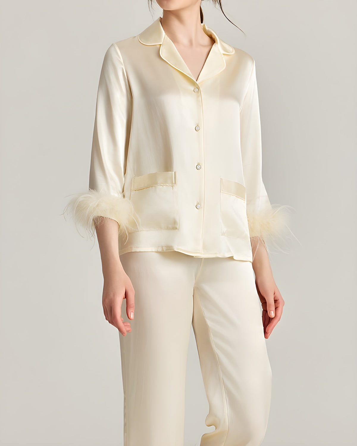 Darette Feather Weight Silk Set in Ivory - satin pajama set with feather cuffs, three-quarter sleeve view