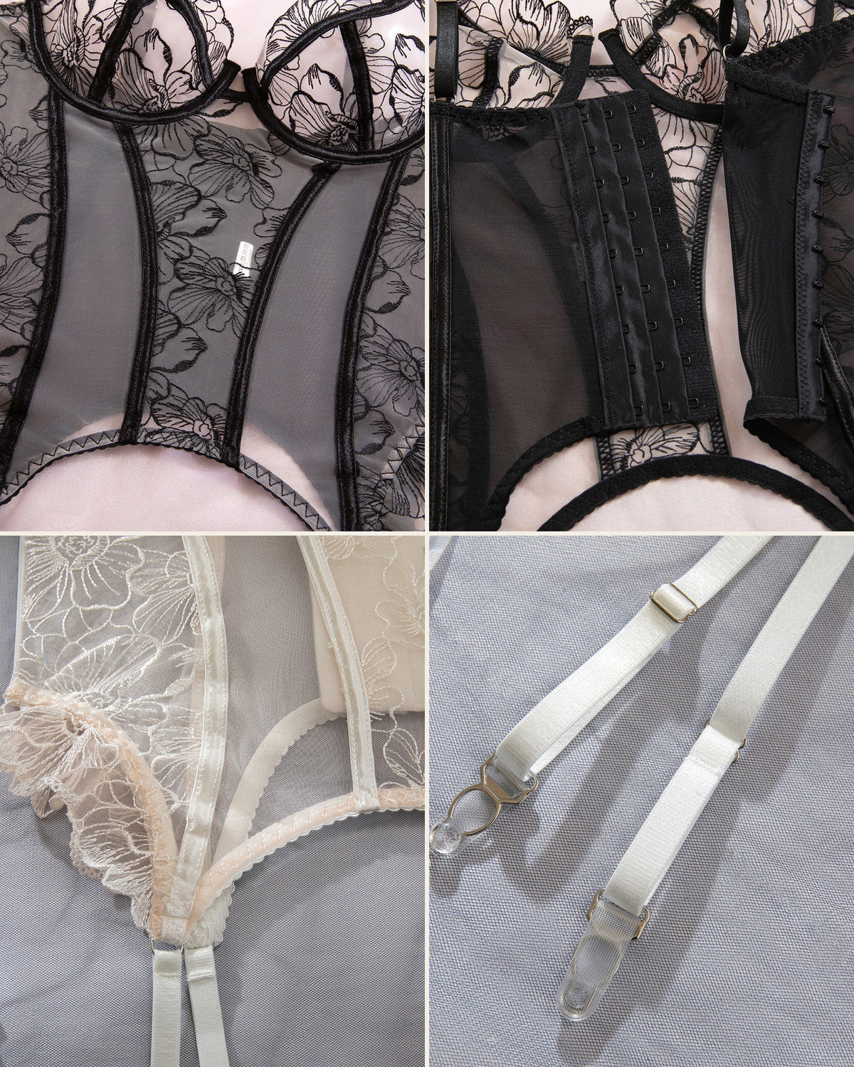 Detail collage of the Darette Fine Print Garter Set - bustier cups, mesh boning, and garter clips in Noir and Ivory