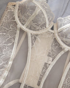 Close-up of the Darette Fine Print Garter Set in Ivory - garter clip straps and lace bustier trim
