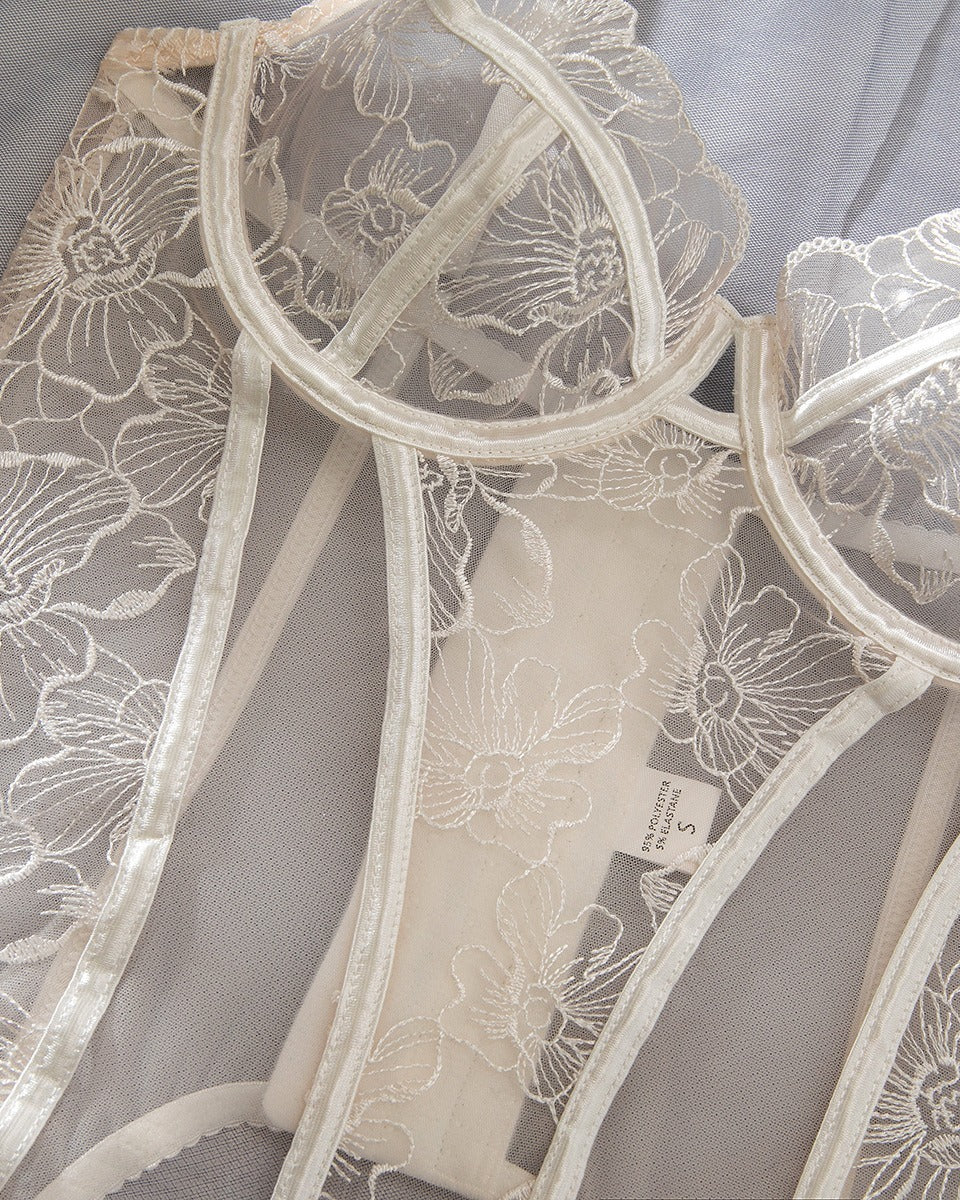Close-up of the Darette Fine Print Garter Set in Ivory - garter clip straps and lace bustier trim