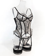Darette Fine Print Garter Set in Noir - floral lace bustier and garter belt shown on a form, product view