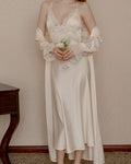 Darette First Light Set in Champagne - satin robe worn open over the lace-trim slip, full-length front view