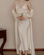 Darette First Light Set in Champagne - satin robe worn open over the lace-trim slip, full-length front view