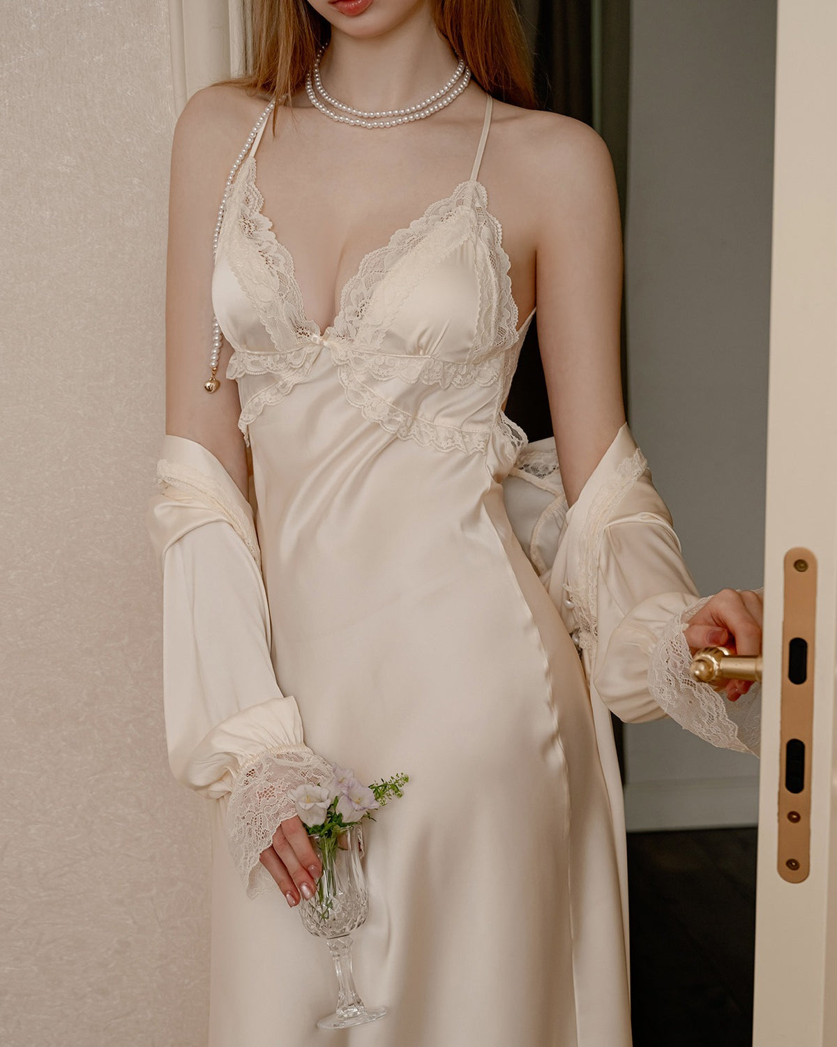 Darette First Light Set in Champagne - slip with the robe draped off the shoulders, front view