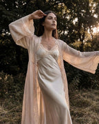 Darette First Light Set in Champagne - lace-trim robe worn open outdoors at golden hour