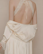 Darette First Light slip in Champagne - open back with lace halter straps and neck tie, robe slipping off the arms