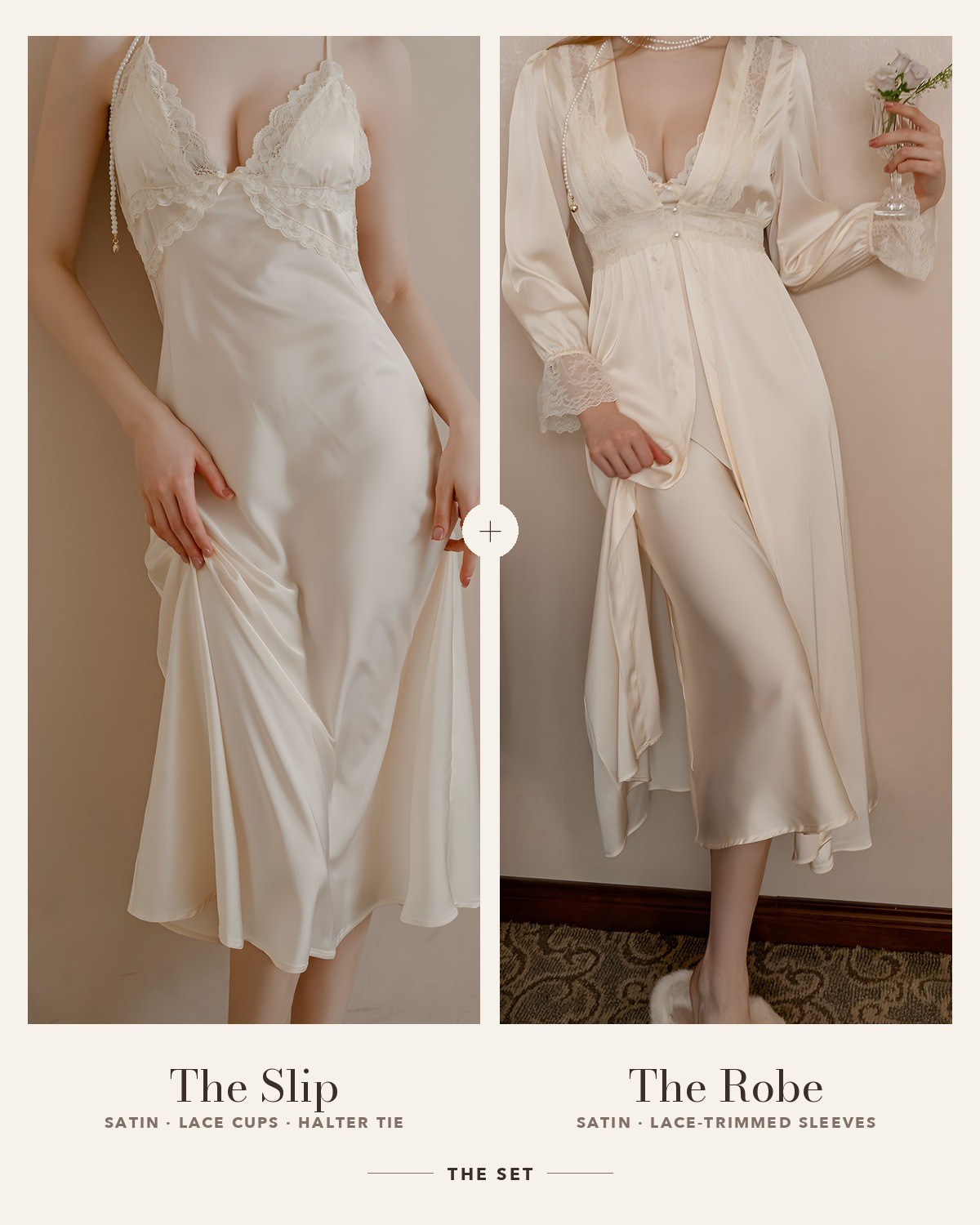 Darette First Light Set in Champagne - the lace-trim satin slip and the satin robe with lace-trimmed sleeves, shown side by side