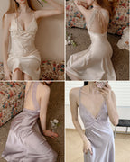 Darette First Light Set details - lace halter neckline and open back in Champagne and Mauve