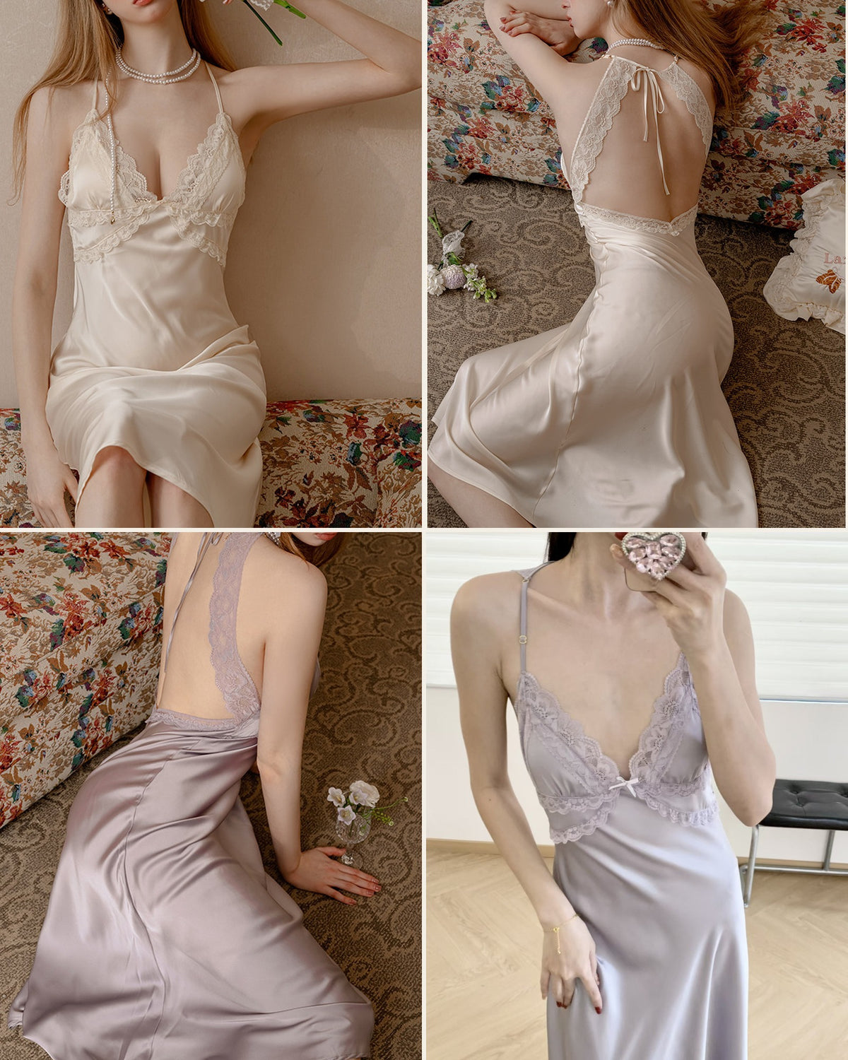 Darette First Light Set details - lace halter neckline and open back in Champagne and Mauve