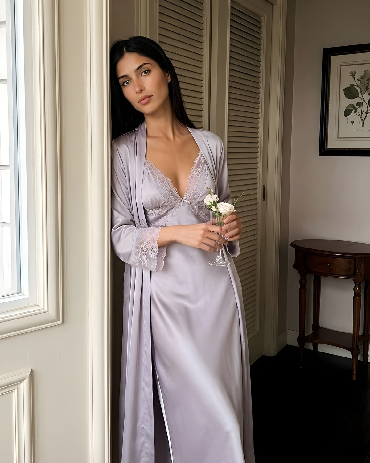 Darette First Light Set in Mauve - robe and slip worn together by a sunlit window