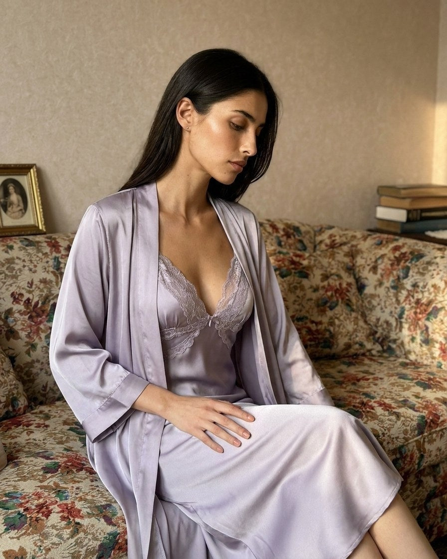 Darette First Light Set in Mauve - seated on a floral sofa in the robe and slip